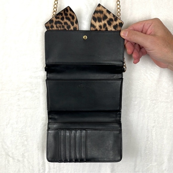 Crossi Small Bag / Crossbody Wallet on a Strap Black & Leopard Print Bow - Picture 7 of 10